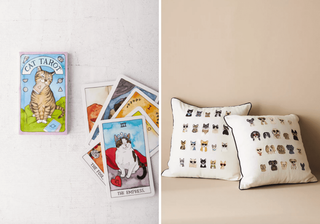 Best Gifts For Animal Lovers - Gifts For Animal Lover6 - Cats & Coffee Cat Tarot Cards by Megan Lynn Kott | Rifle Paper Co. Cool Cats Pillow & Dog Days Pillow