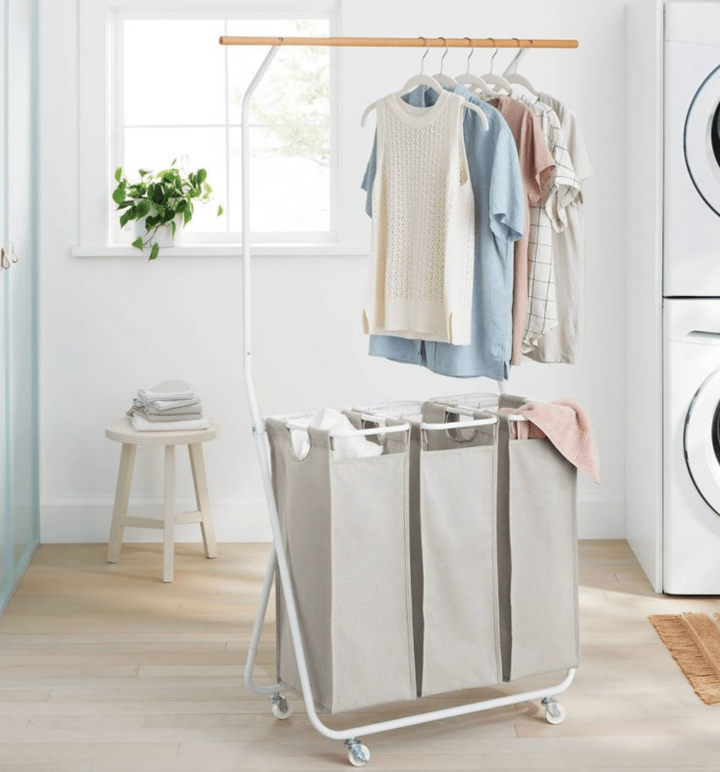 Rolling Triple Laundry Sorter with Hangbar - Cats & Coffee Rolling Triple Laundry Sorter with Hangbar