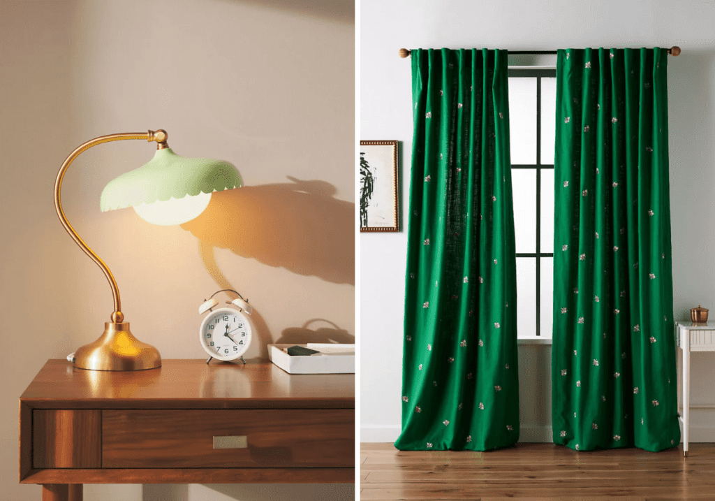 Green Decorations for the Home 2 - Cats & Coffee Green desk lamp and emerald and gold curtains