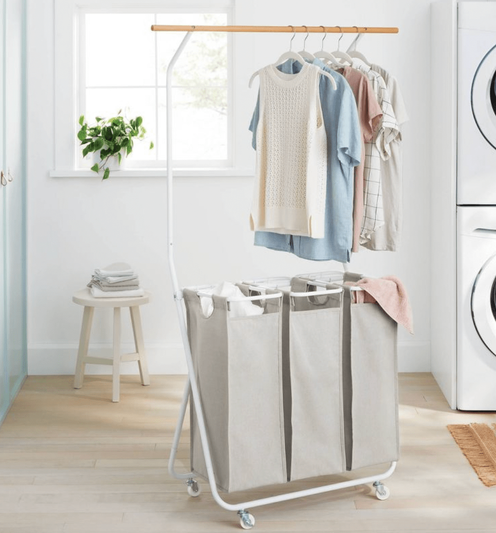 Rolling Triple Laundry Sorter with Hangbar