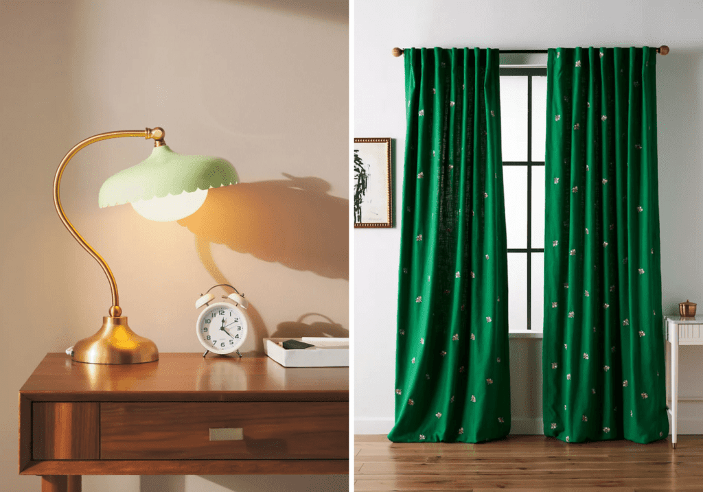 Green desk lamp and emerald and gold curtains 