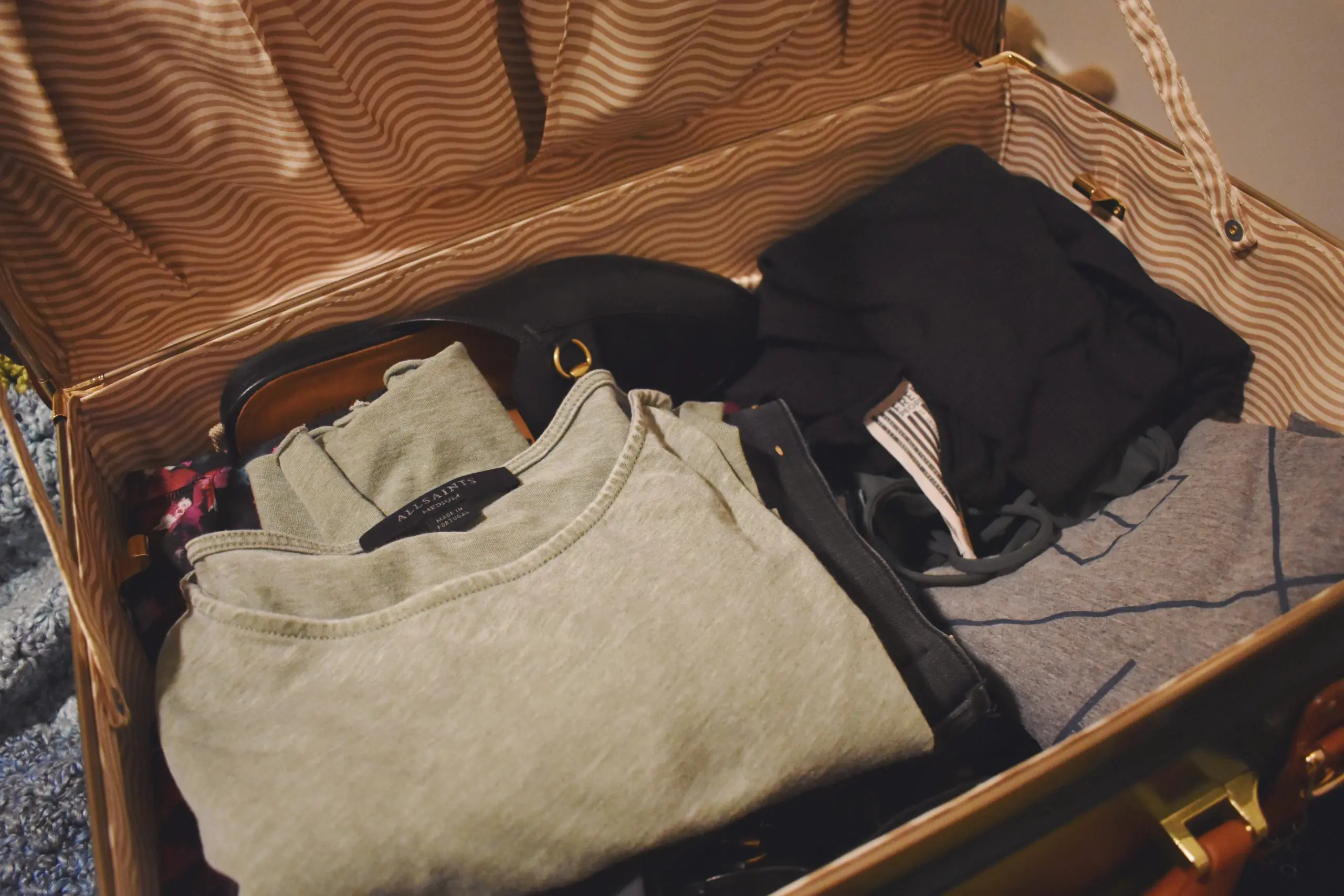 Steamline Luggage Suitcase with various articles of clothing, including Gucci fuels, All Saints green top, a Free People tank top, and Swamp Head Brewery t-shirt. - Cats & Coffee Steamline Luggage Suitcase with various articles of clothing, including Gucci fuels, All Saints green top, a Free People tank top, and Swamp Head Brewery t-shirt.