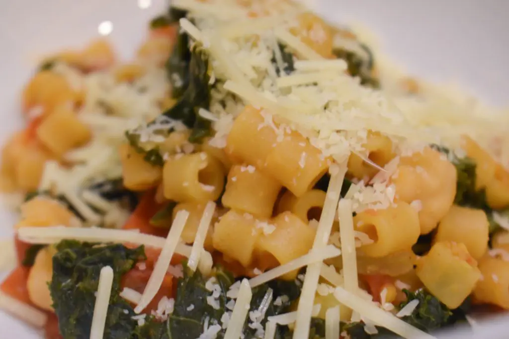 Chickpea PastaDSC_0044 - Cats & Coffee Pasta e Ceci -- ditalini pasta with cherry tomatoes, kale, chickpeas, garlic, onion, parm, and olive oil.