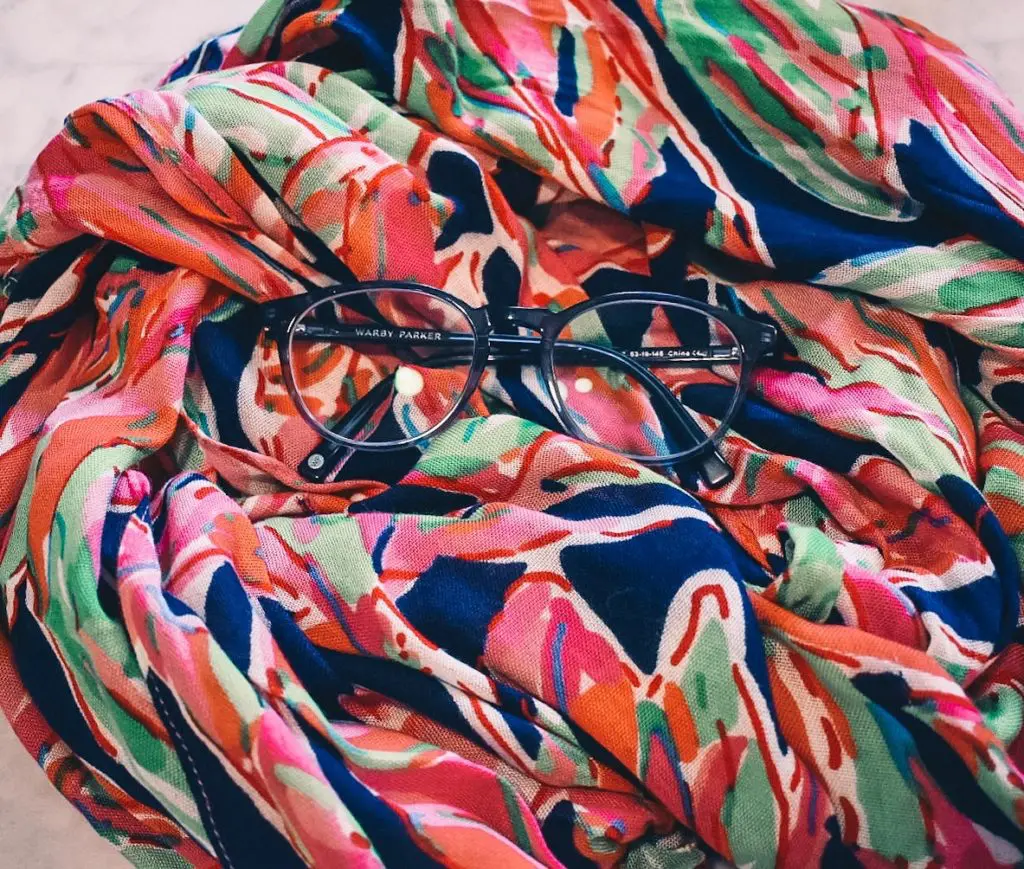 Lilly Scarf & Warby Parker Glasses - Cats & Coffee Multicolor pink, blue, and green Lilly Pulitzer scarf with blue Warby Parker glasses