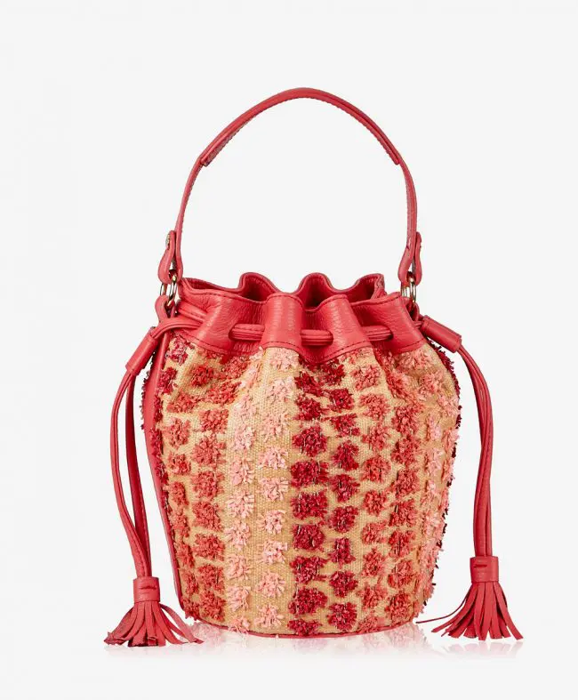 Gigi-New-York-GENEVIEVE-BUCKET-BAG-Red-Pom-Pom-Raffia-with-Pebble-Grain-1 - Cats & Coffee