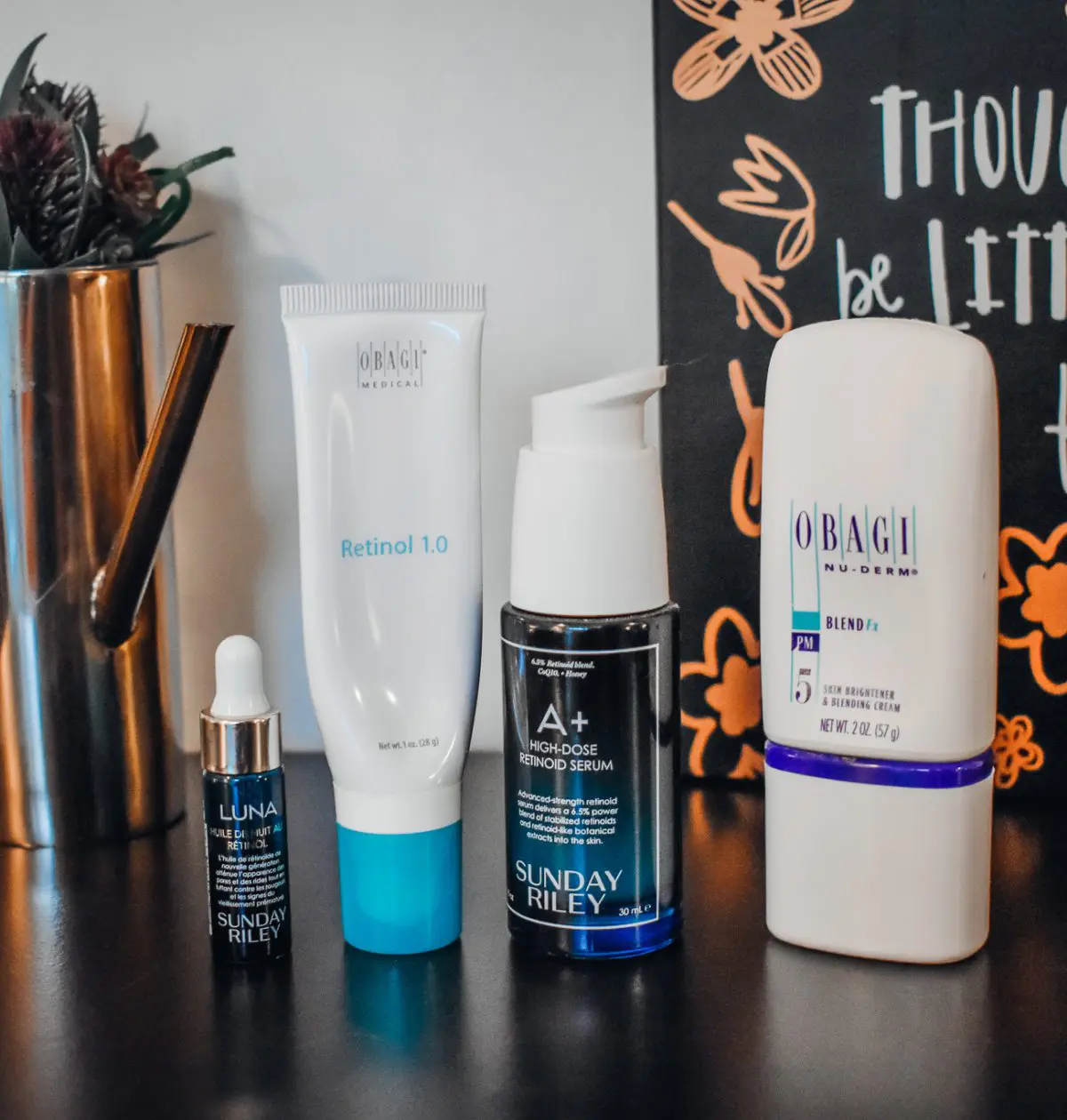 My Favorite Retinol Products, including Obagi Retinol 1.0% (with Obagi Nu Derm Blend), Sunday Riley Luna Oil, Sunday Riley Retinol Serum