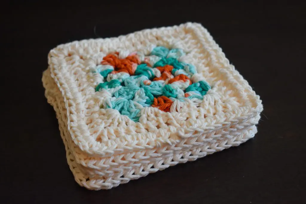 Cream-Edge-Blue-and-Coral-Coasters22 - Cats & Coffee Teal, Coral, and Cream Four Piece Granny Square Crochet Coaster Set -- Made With Colorful Cotton Yarn -- Critter Crafting by Christine Csencsitz