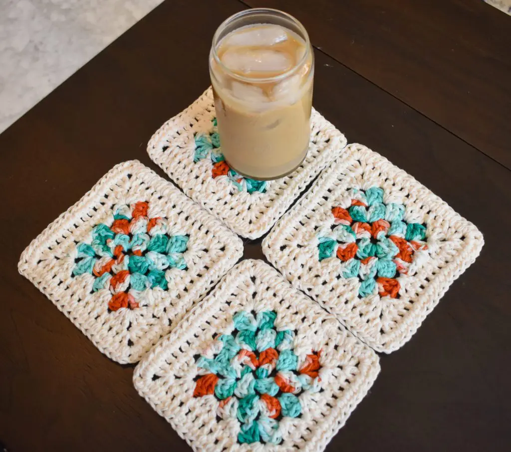 Cream-Edge-Blue-and-Coral-Coasters9 - Cats & Coffee Teal, Coral, and Cream Four Piece Granny Square Crochet Coaster Set -- Made With Colorful Cotton Yarn -- Critter Crafting by Christine Csencsitz