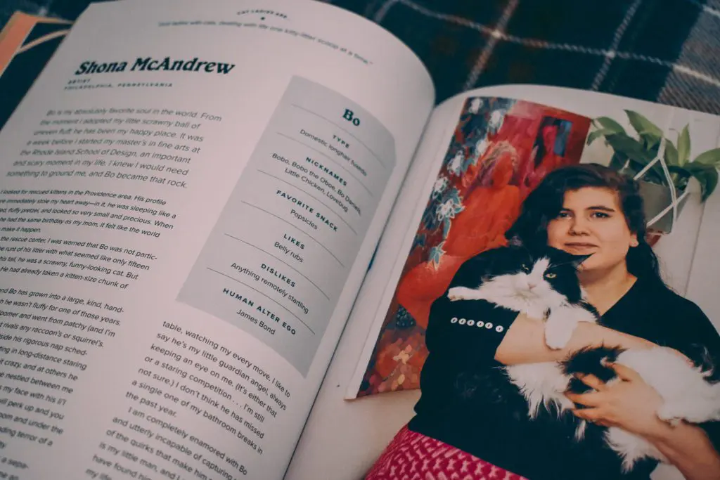 Girls-and-Their-Cats10 - Cats & Coffee Book Review: Girls and Their Cats by BriAnne Willis, book on Locharron of Scotland Royal Stewart Blue Dress Tartan, photo by Christine Csencsitz
