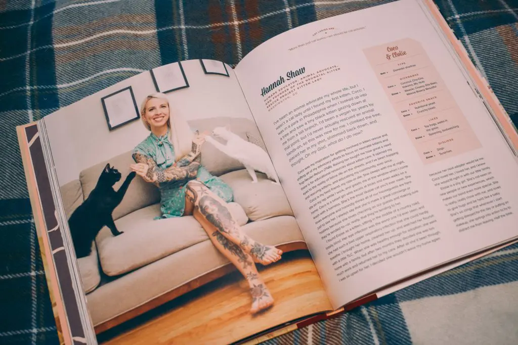 Girls-and-Their-Cats9 - Cats & Coffee Book Review: Girls and Their Cats by BriAnne Willis, book on Locharron of Scotland Royal Stewart Blue Dress Tartan, photo by Christine Csencsitz, featuring Hannah Shaw from Kitten Lady