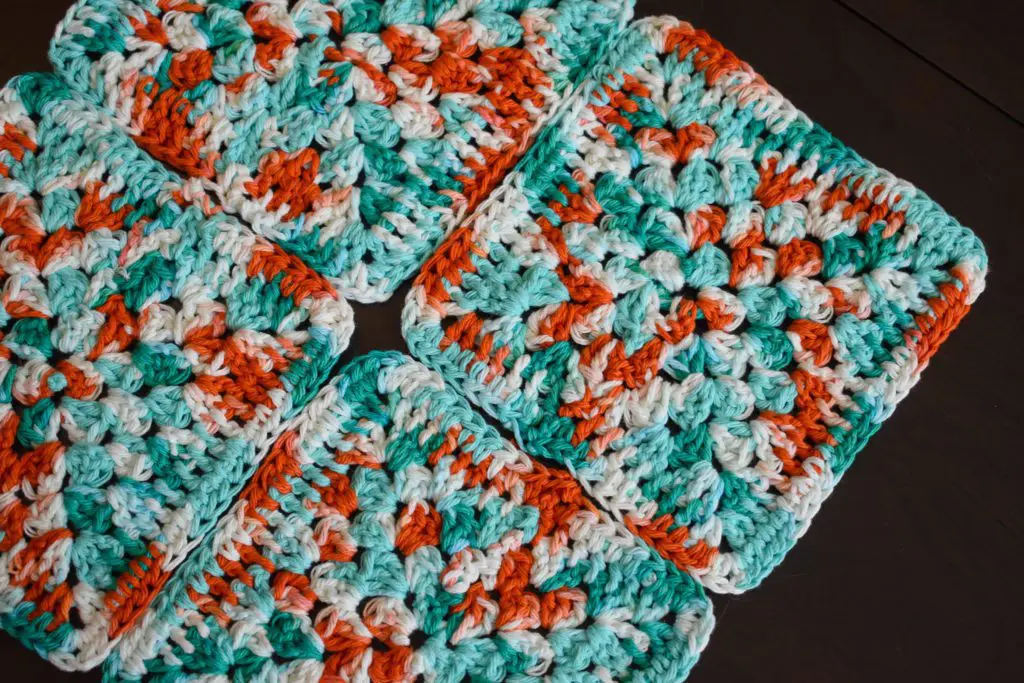 Oversized-Blue-and-Coral-Coasters8 - Cats & Coffee Teal and Coral Four Piece Granny Square Crochet Coaster Set -- Made With Colorful Cotton Yarn -- Critter Crafting by Christine Csencsitz