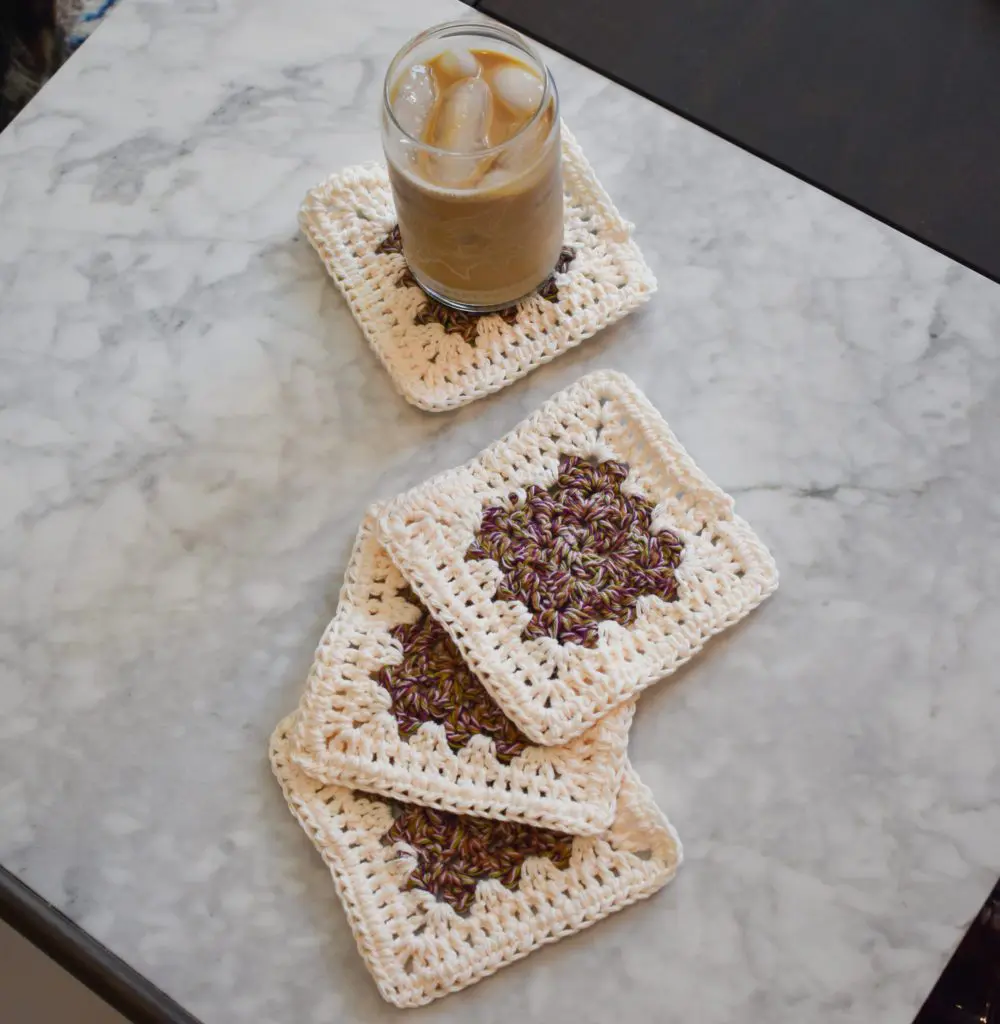 Purple-and-Cream-Coasters2 - Cats & Coffee Rich Purple and Cream Four Piece Granny Square Crochet Coaster Set - Made With Colorful Cotton Yarn in Purple, Pink, Burnt Orange, and Green from Critter Crafting by Christine Csencsitz