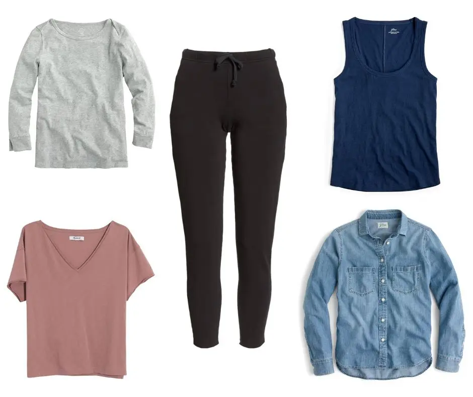 Classic-Casual-Style-Pieces2 - Cats & Coffee Classic Casual Style Pieces, Style Guide by Christine Csencsitz, featuring: J.Crew Boatneck Painter Tee // Frank & Eileen Slim Jogger Pant // J.Crew Vintage Cotton Tank // J.Crew Everyday Chambray Shirt // Madewell Drapey V-Neck Crop T-Shirt
