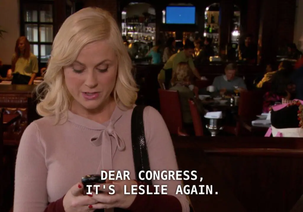 Parks and Recreation - Dear Congress It's Leslie Again - Resistbot CP - Cats & Coffee With under 100 days until the presidential election, it's important that your voice is heard. Learn how to use Resistbot to text your representatives here!