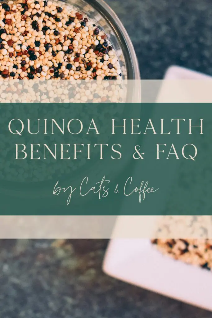 Quinoa-Health-Benefits-and-FAQ-Pin - Cats & Coffee One of the world's most popular health foods, quinoa has become a staple in many people's pantries. Besides the proven quinoa health benefits, the grain is a super versatile plant-based food. So, if you're looking to incorporate more plants into your diet, this is a great place to start. Learn more about the variety of quinoa health benefits and how to use it in your cooking here!