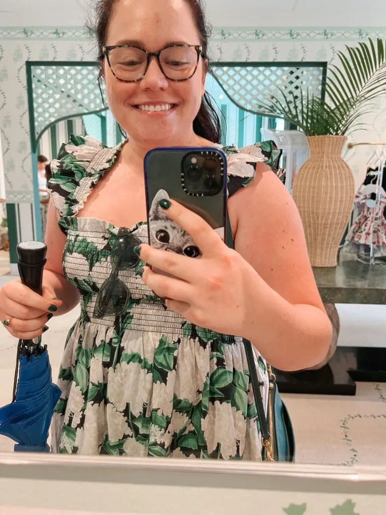 Shopping for Hill House Nap Dresses in West Palm Beach, Florida 1 - Cats & Coffee Wearing the Elizabeth Nap Dress at the Hill House Home store in Palm Beach