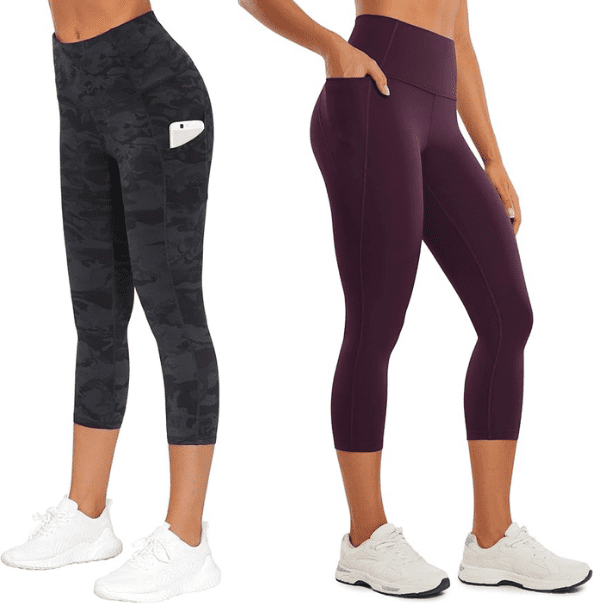 Best Leggings for Petites - Cats & Coffee Two women model athletic capri leggings with pockets: black camo pattern with a phone pocket and dark plum pair with a side pocket, both in white sneakers.