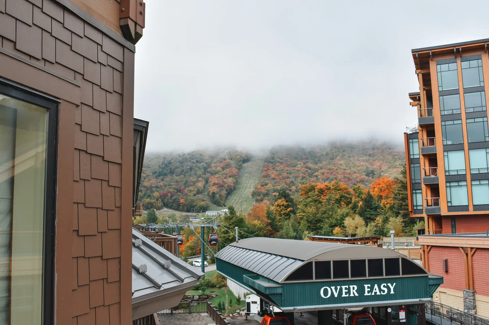 Stowe Vermont A Fall Photo Journal of Our Mini Honeymoon Getaway 13 - Cats & Coffee Overlooking Mount Mansfield in Stowe, Vermont at the Lodge at Spruce Peak resort.