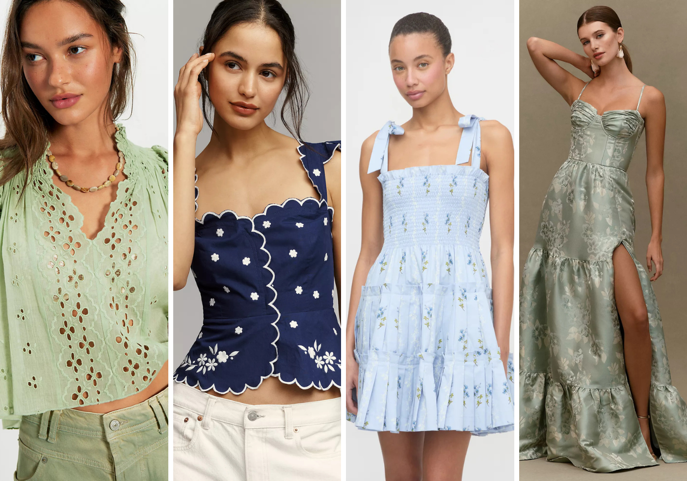 Bridgerton Outfit Inspiration - 1 - Cats & Coffee Collage of Bridgerton-inspired outfits including floral dresses, eyelet tops, and delicate accessories in pastel colors