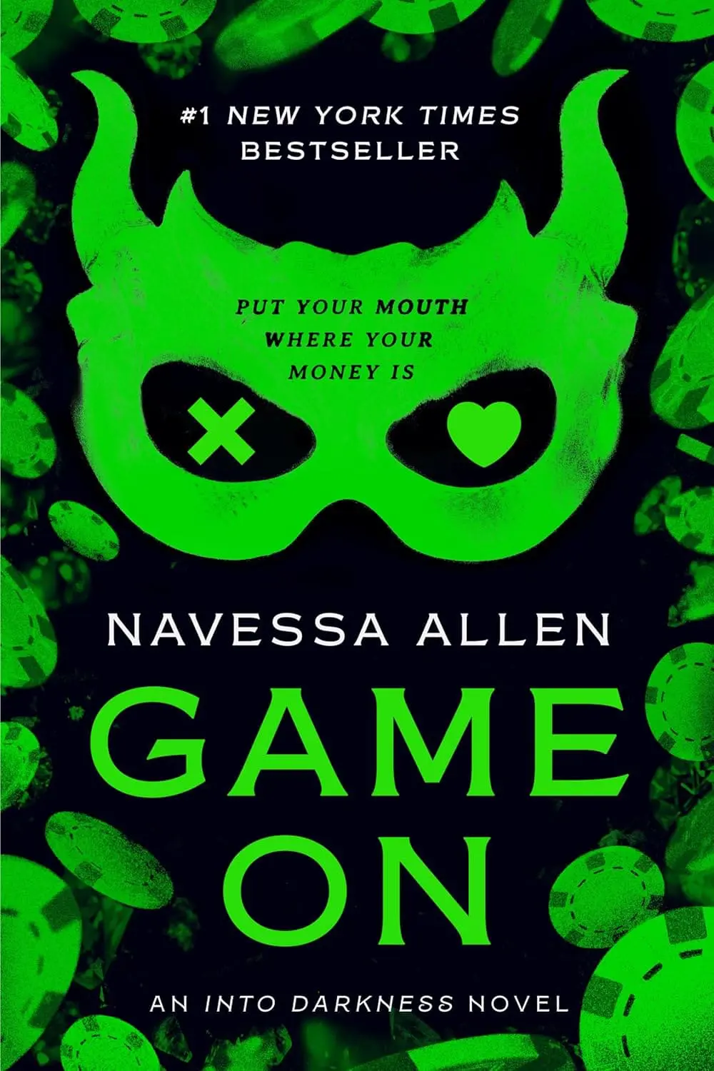 Game On by Navessa Allen - Cats & Coffee Book cover for 'Game On' by Navessa Allen, featuring a neon green skull mask on a black background with scattered poker chips; title in bright green.
