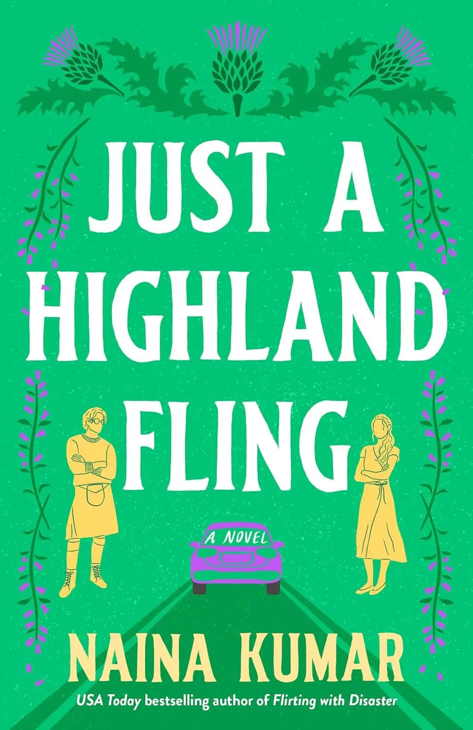 Just a highland Fling by Naina Kumar - Cats & Coffee Bright green book cover with large white title 'JUST A HIGHLAND FLING' and yellow illustrations of a couple and a pink car, bordered by purple-green floral decor.