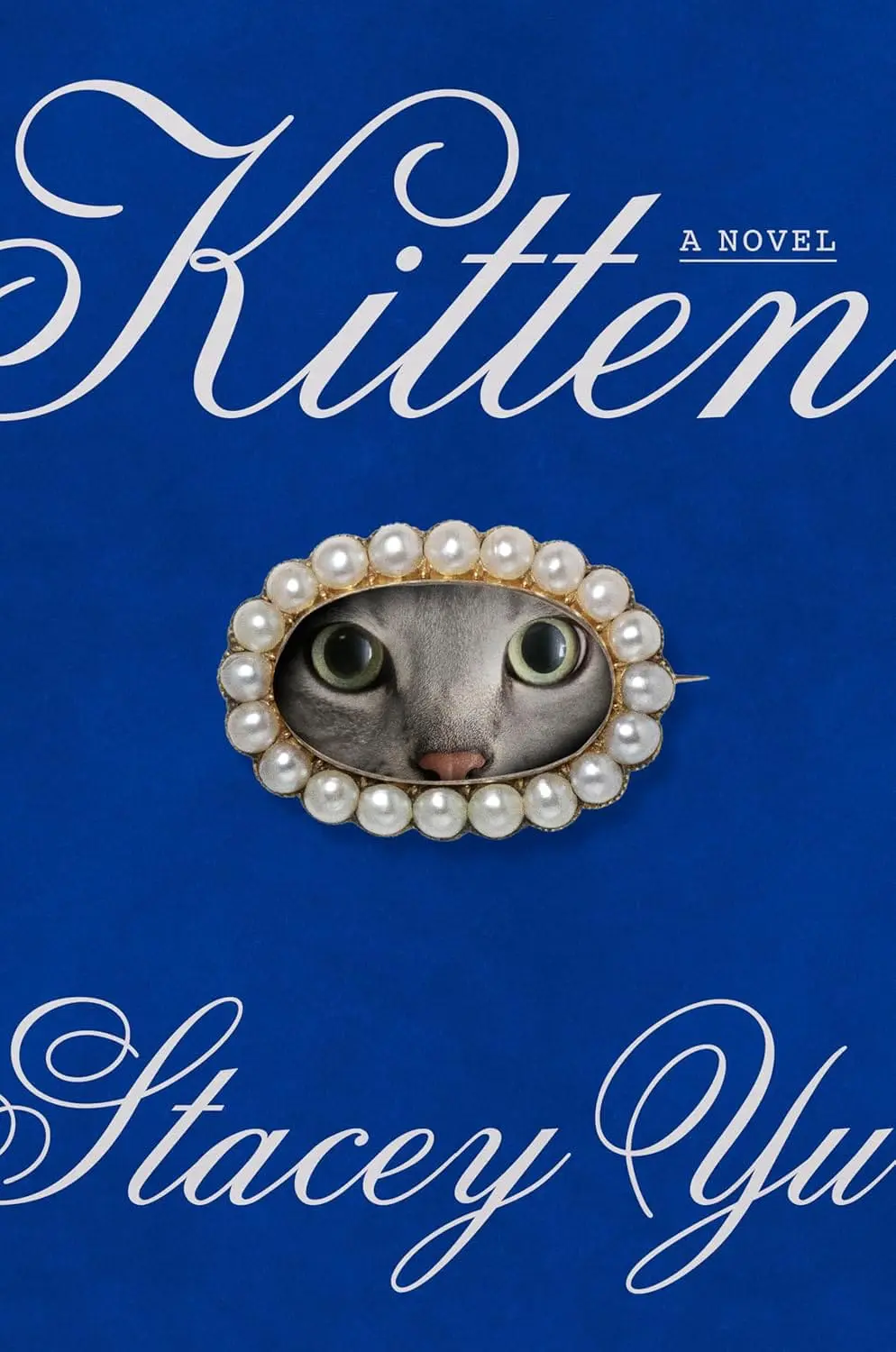 Kitten by Stacey Yu - Cats & Coffee Blue book cover with title Kitten: A Novel; a gray cat peeks through a pearl-embellished oval window.