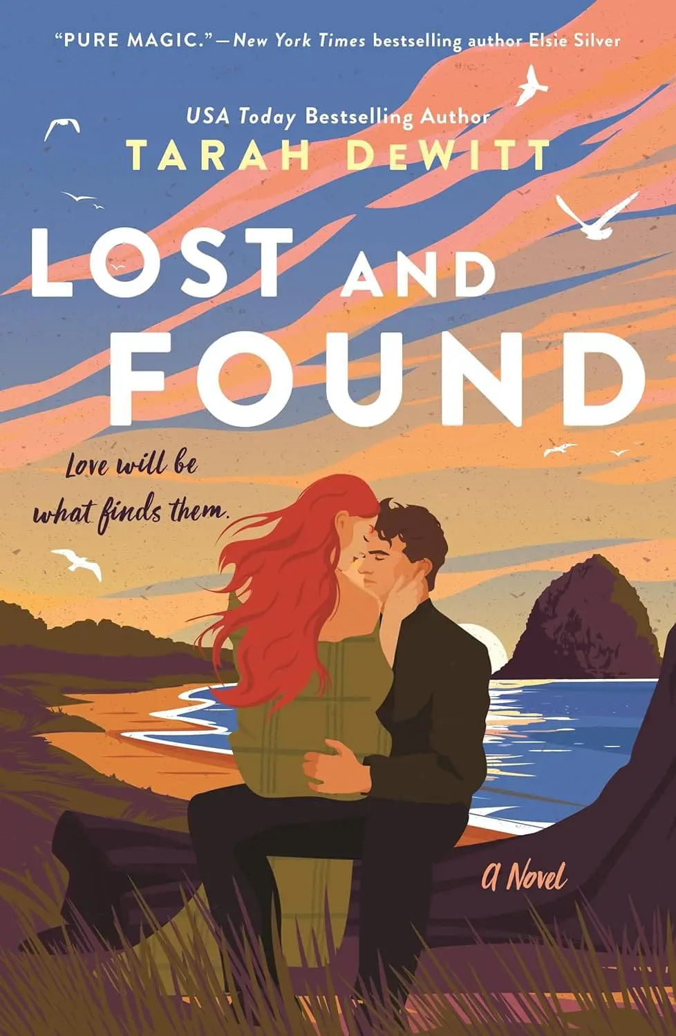 Lost and Found by Tarah DeWitt - Cats & Coffee Book cover: a couple kissing at sunset on a coastal landscape, with the title 'Lost and Found' and author Tarah Dewitt prominently displayed.