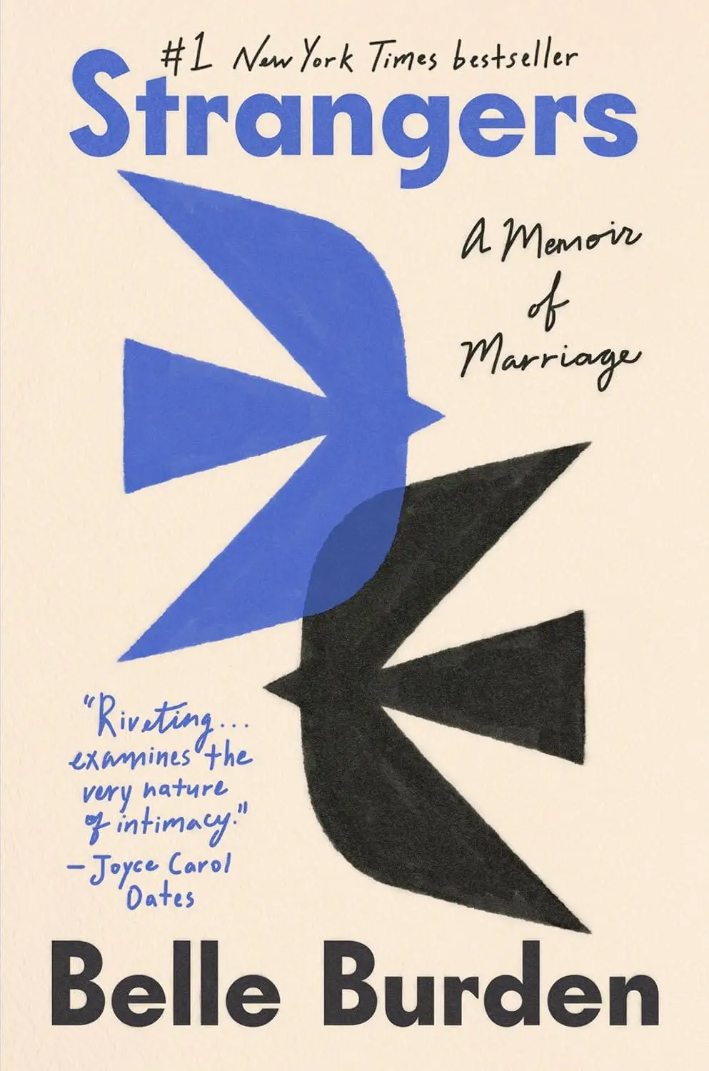 Strangers- A memoir of Marriage by Belle Burden - Cats & Coffee Book cover for Strangers: A Memoir of Marriage by Belle Burden; bold blue title with abstract blue and black shapes.