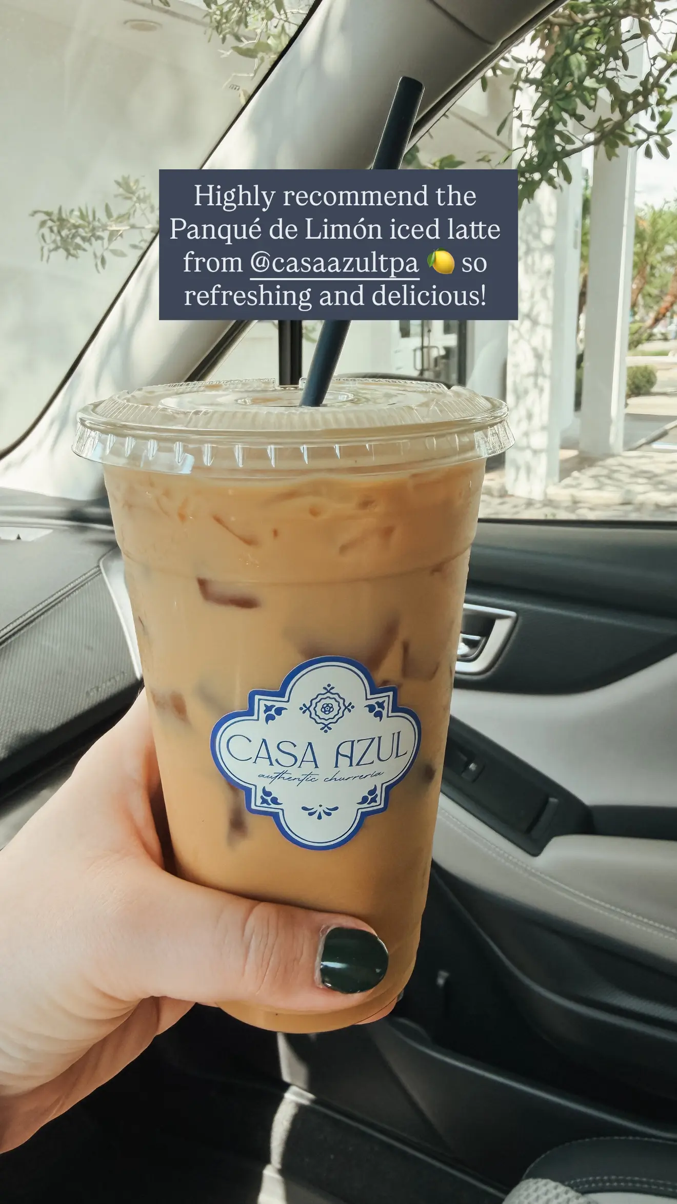 Casa Azul Lemon - Cats & Coffee Iced latte in a clear plastic cup with a blue Casa Azul logo, held inside a car, straw visible.