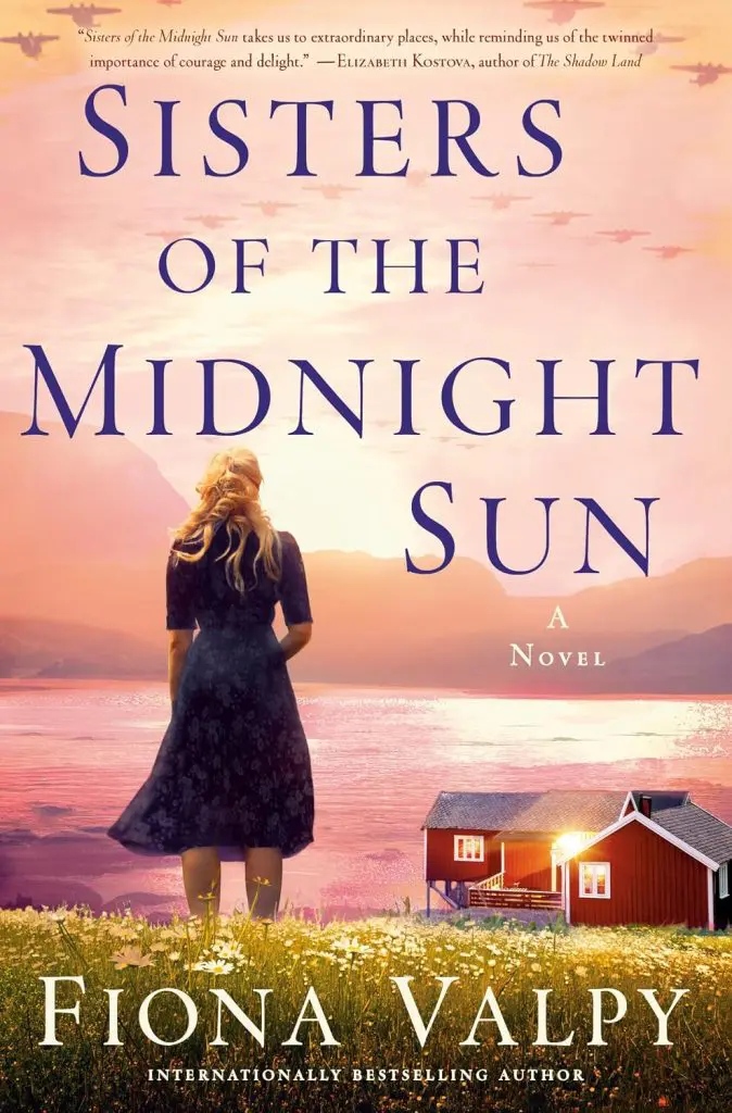 Sisters of the Midnight Sun by Fiona Valpy - Cats & Coffee Cover of'Sisters of the Midnight Sun' by Fiona Valpy: a woman in a dark dress stands in a meadow at sunset, overlooking a lake and a red cabin.