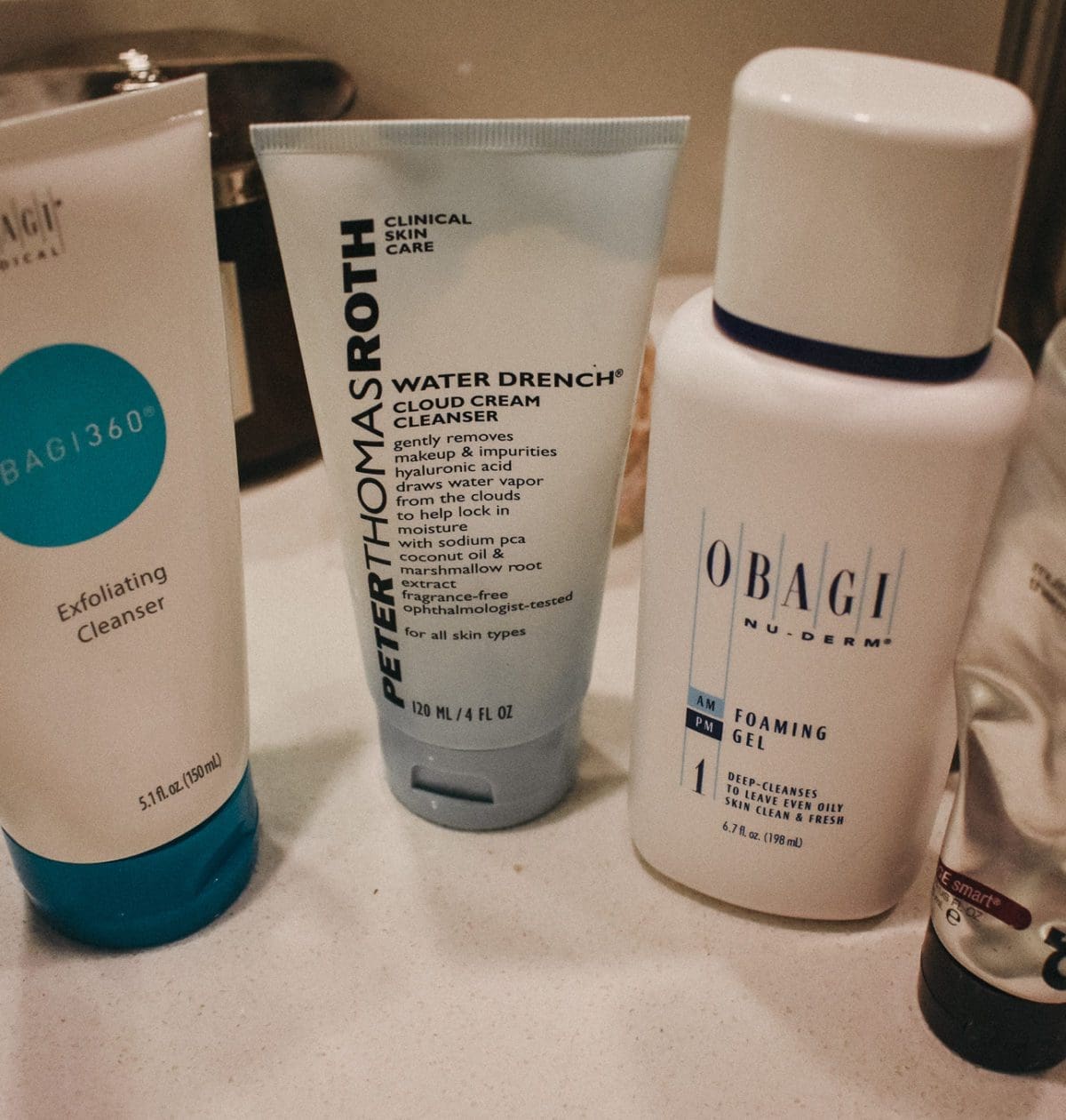 Christine Csencsitz's favorite face wash products -- Obagi Foaming Gel, Obagi Exfoliating Cleanser, Peter Thomas Roth Water Drench, Dermalogica Thermalfoliant
