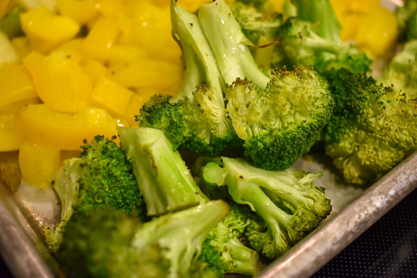 Roasted broccoli and yellow bell peppers for weekly meal prep