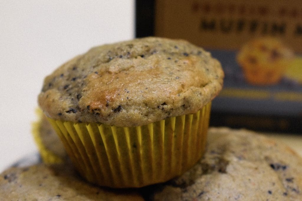 Kodiak Cakes Muffin Mix -- blueberry lemon flavor -- a plate of freshly baked muffins in yellow wrappers