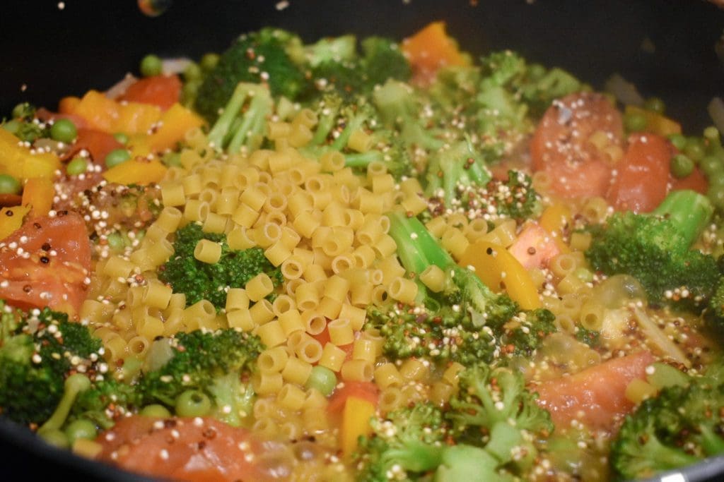 One Pot Dinner with quinoa, fresh vegetables, and chickpeas