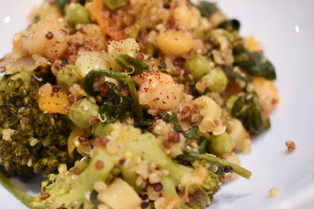 One Pot Dinner with quinoa, fresh vegetables, and chickpeas - Affordable Plant Based Protein Sources