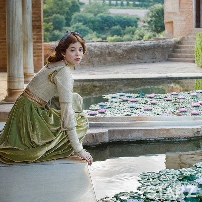 Charlotte Hope as Catherine of Aragon in Starz's The Spanish Princess at the Alhambra Palace in Spain