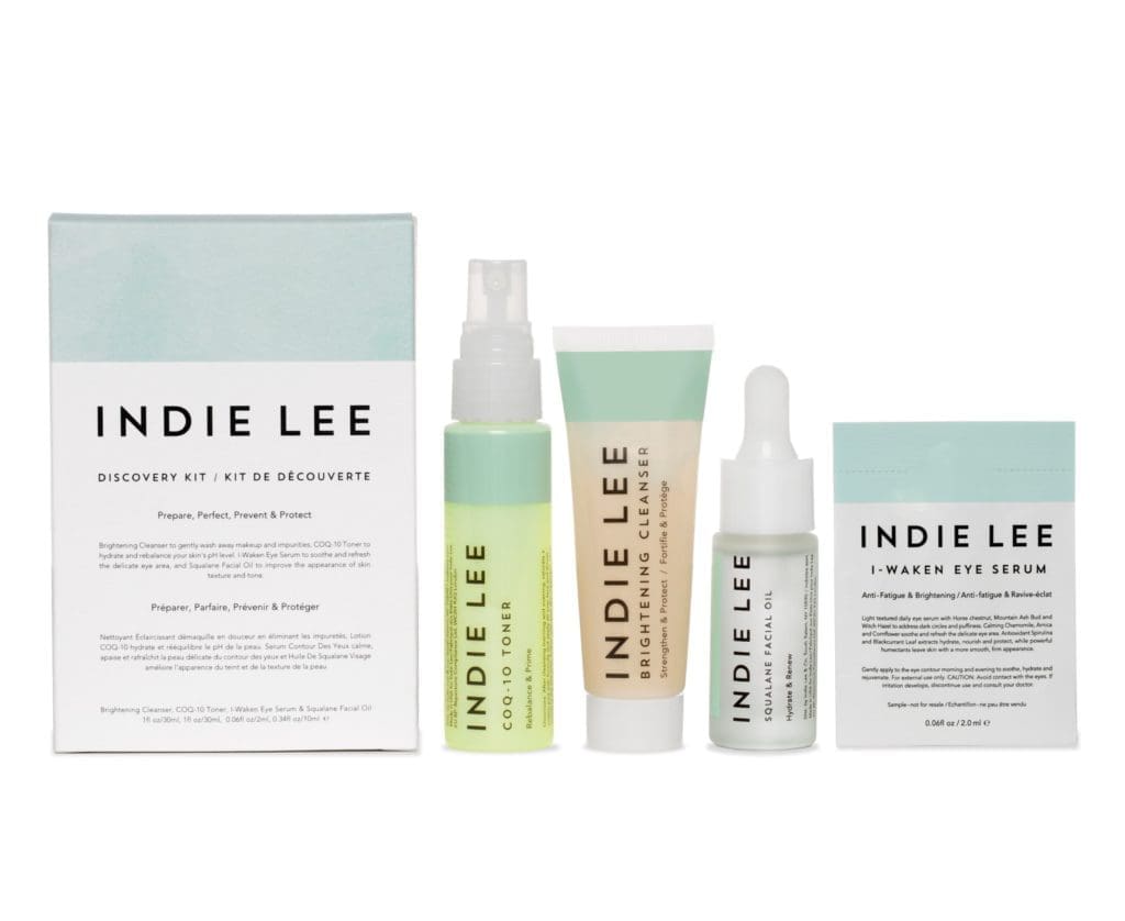 Indie Lee Discovery Kit, featuring the Indie Lee's Brightening Cleanser, CoQ-10 toner, squalene oil, and I-Waken eye serum