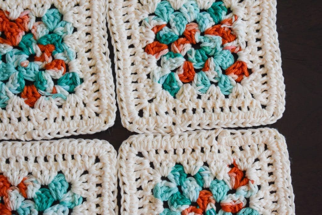 Teal, Coral, and Cream Four Piece Granny Square Crochet Coaster Set -- Made With Colorful Cotton Yarn -- Critter Crafting by Christine Csencsitz