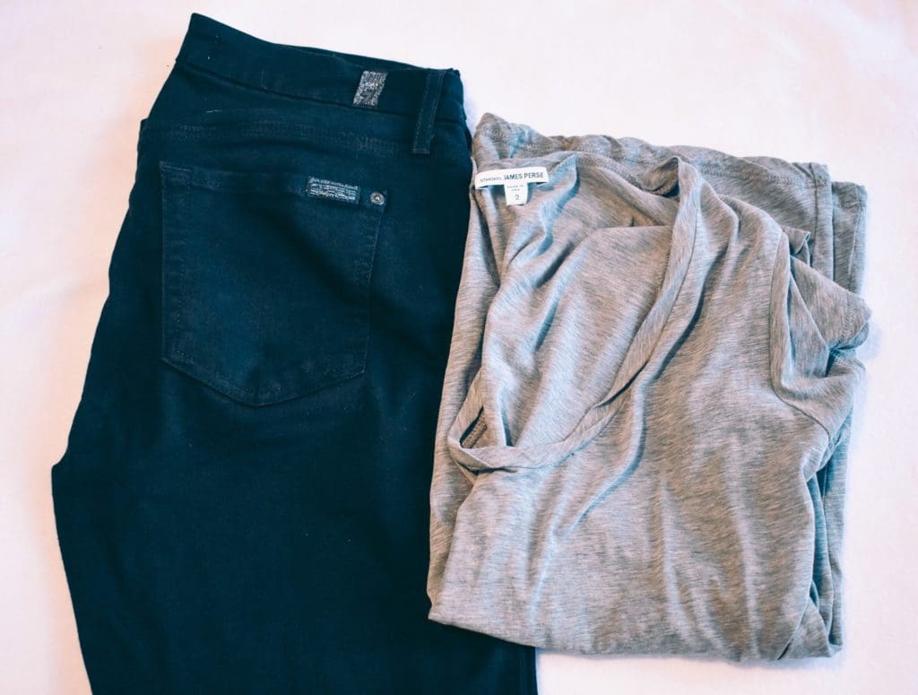 James Perse gray tee and 7 For All Mankind black b(air) jeans, photo by Christine Csencsitz