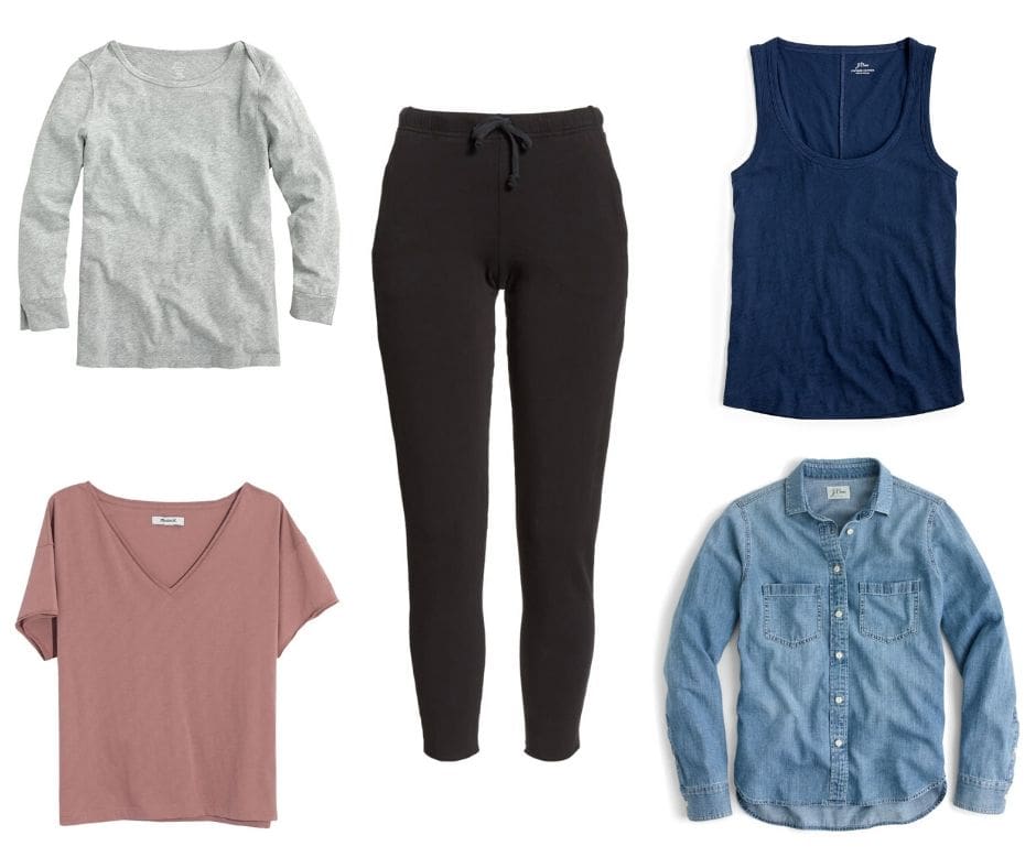 Classic Casual Style Pieces, Style Guide by Christine Csencsitz, featuring: J.Crew Boatneck Painter Tee  // Frank & Eileen Slim Jogger Pant // J.Crew Vintage Cotton Tank // J.Crew Everyday Chambray Shirt // Madewell Drapey V-Neck Crop T-Shirt