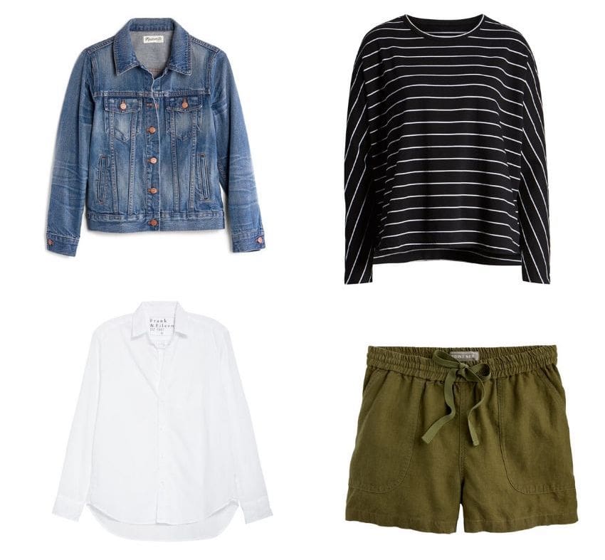 Classic Casual Style Pieces, Style Guide by Christine Csencsitz, featuring: Madewell Denim Jacket // Frank & Eileen Tee Lab Oversize Stripe Sweatshirt // Frank & Eileen Featherweight Cotton Shirt // J.Crew Point Sur Seaside Shorts