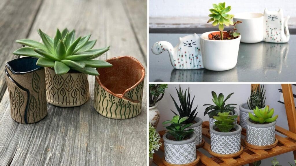 Decorating the Home with Cute Little Plant Pots -- Planters from OneofakindRockport - Mini Carved Succulent Planters ($20/each) // UmmaArte - Cute Cat Planter for Cactus ($37.43/each) // Cement Succulent Pot with Bamboo Tray
