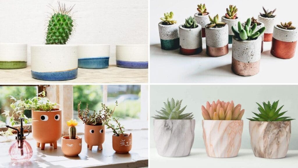 Decorating the Home with Cute Little Plant Pots - planters from Horizonlineceramics - Mini Plant Pot ($24/each) // ForgottenProperty - Surprise Mini Plant in Concrete Planter, Succulent or Cacti ($10/each) // Marble Mini Succulent Pots // PlantASmileCo - Mini Leggy Boho Terracotta Indoor Planter ($6.93)