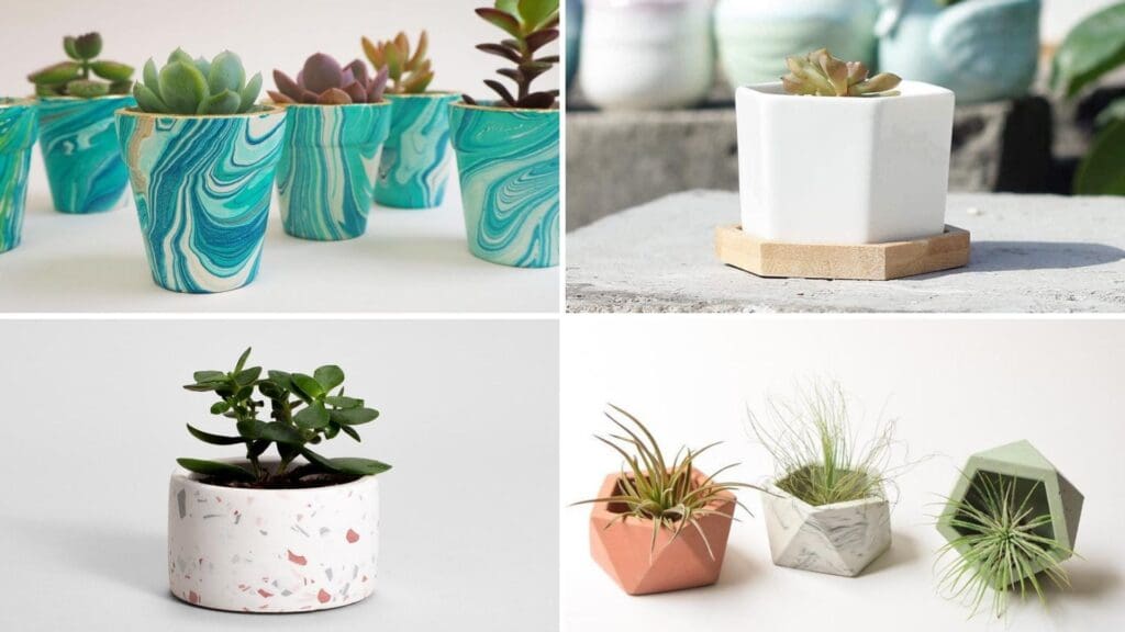 Decorating the Home with Cute Little Plant Pots -- Planters from HelloMariluStudio - Blue Hand-Marbled Mini Plant Pot ($7/each) // Greenaholics Succulent Plant Pots // CedarandStoneGarden - Air Plant Holder - Mini Planter ($9+/each) // ZOAconcept - Pink Terrazzo plant pot ($14.97/each)