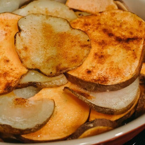 This simple sweet and russet roasted potatoes recipe is ideal as a seasonal side, a potluck dish, or meal prep. Get the vegan recipe here!
