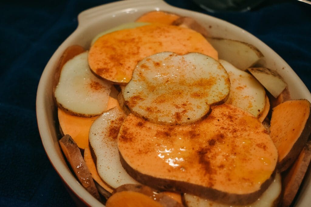 Roasted russet and sweet potato bake - simple roasted potatoes recipe