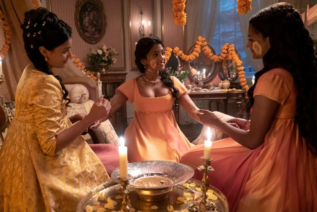 The Sharma women put on a traditional prewedding Haldi ceremony. From left, Shelley Conn with Chandran and Ashley.