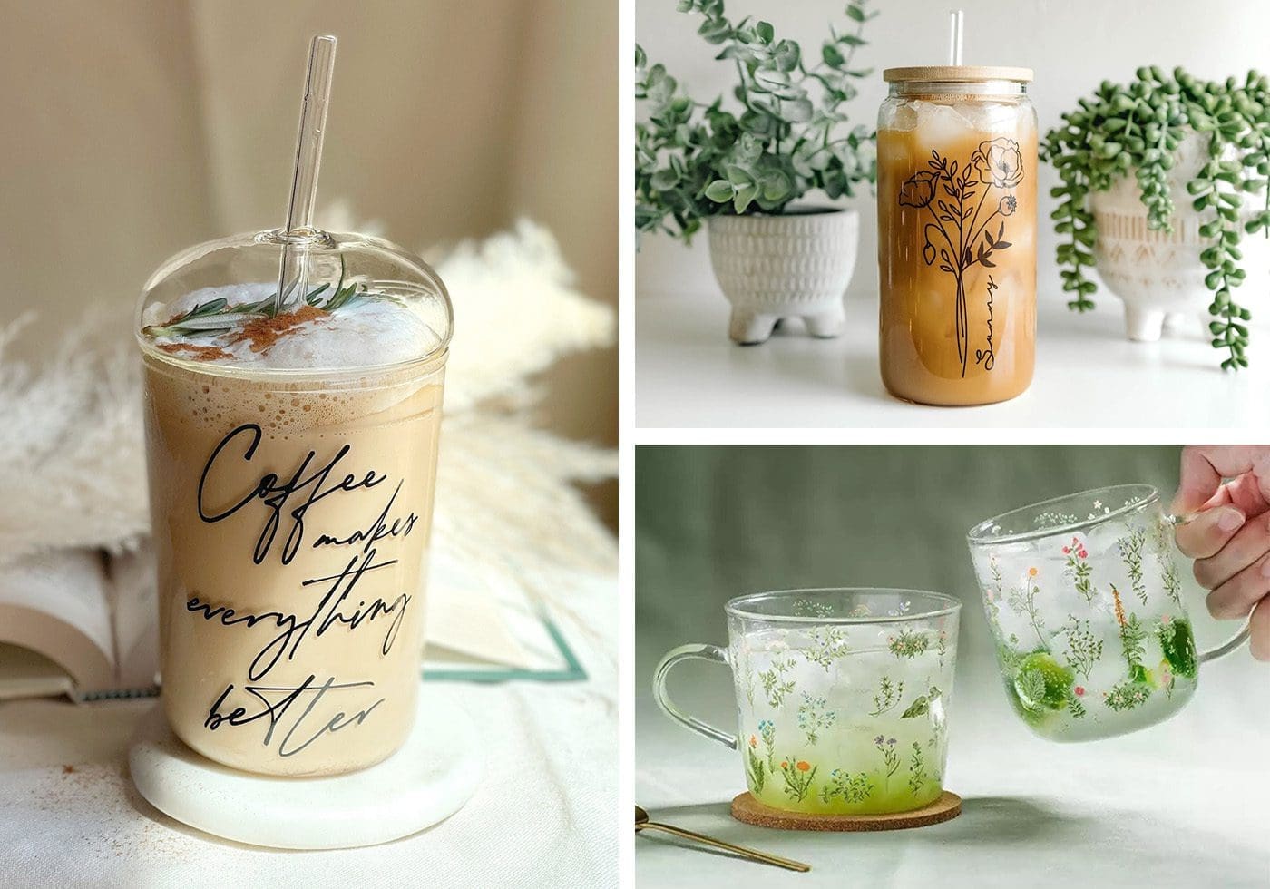 Mushroom Coffee Glass Cup,aesthetic Coffee Glass Cup, Iced Coffee