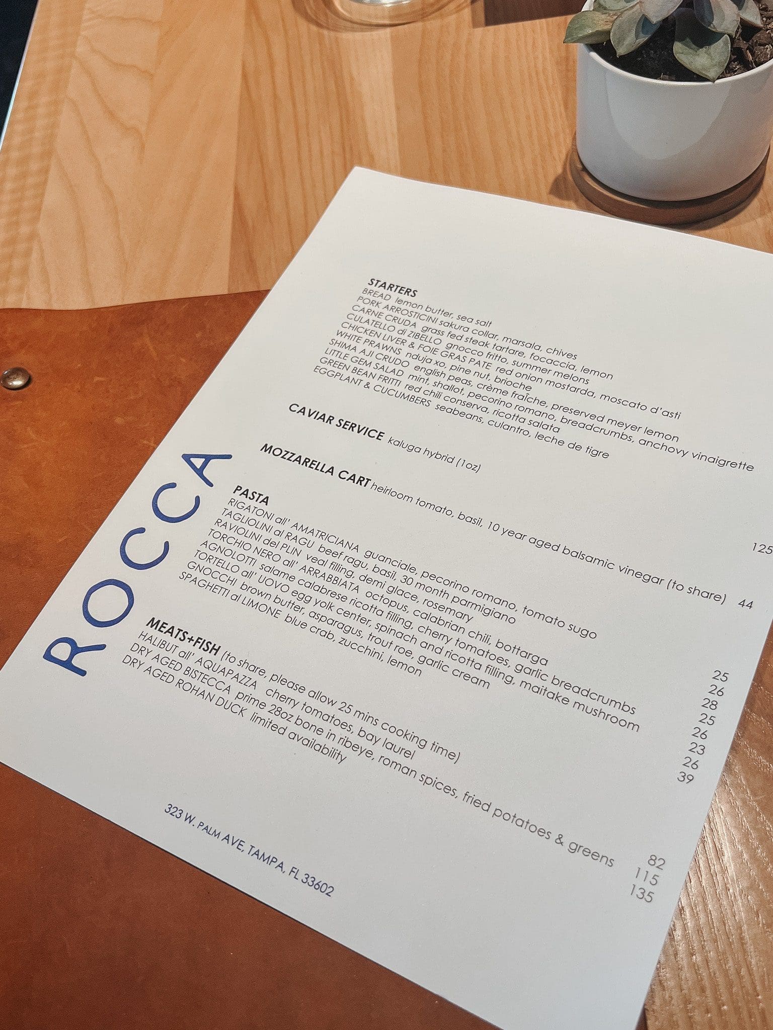 The Rocca Tampa menu