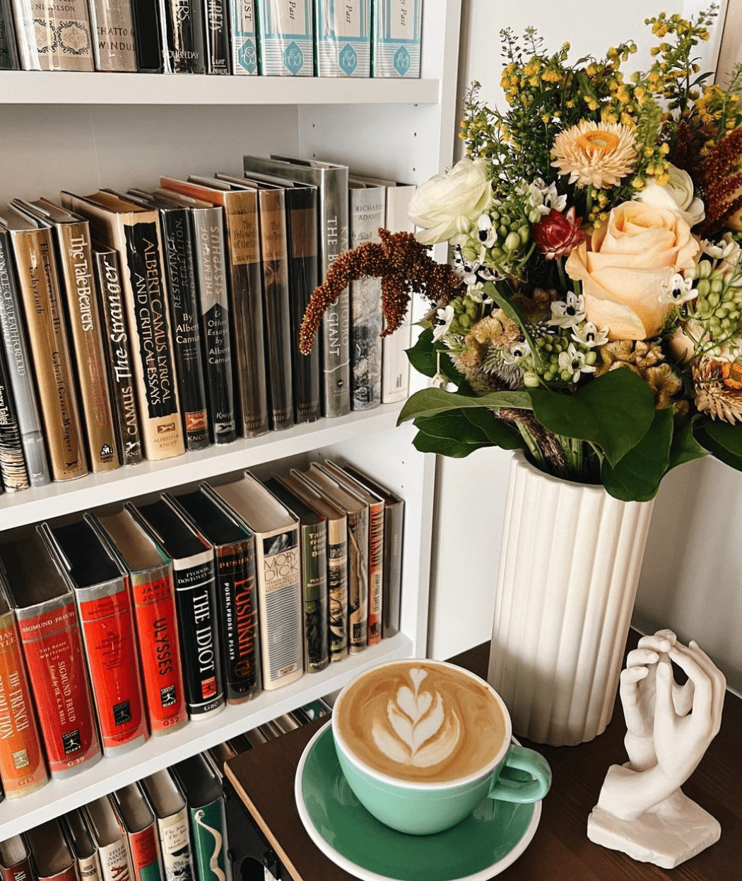 coffee table and bookshelf